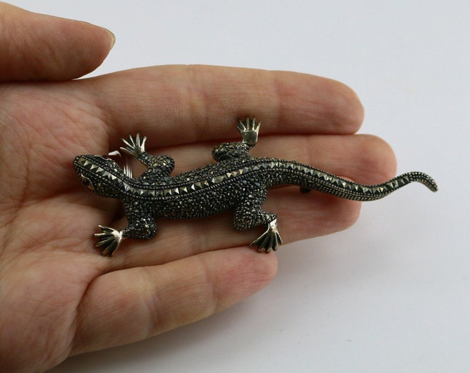 Vintage Large Long Shiny Lizard Reptile Marcasite Stones Animal Brooch Sterling Silver 925 BB 723
