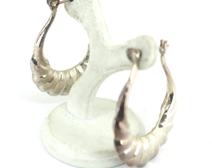 Vintage Puffy Scalloped Ribbed Latch Hoop Earrings 925 Sterling ER 51