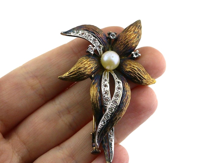 Vintage Christmas Flower Floral Sparkling Clear Swarovski Crystals Gold Plated Design Brooch Sterling Silver 925 BB 2338S