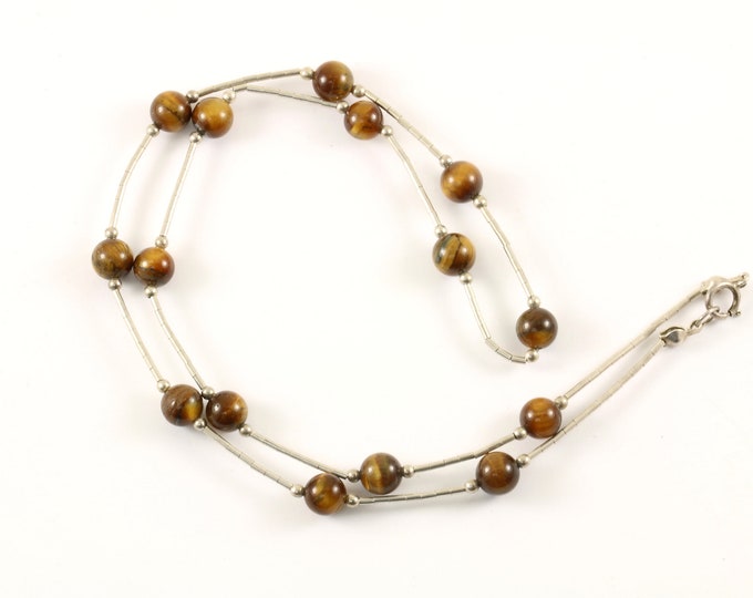 Vintage Beautiful Beads Beaded Tiger's Eye Healing Stone Design Elegant Necklace 925 Sterling Silver NC 1399
