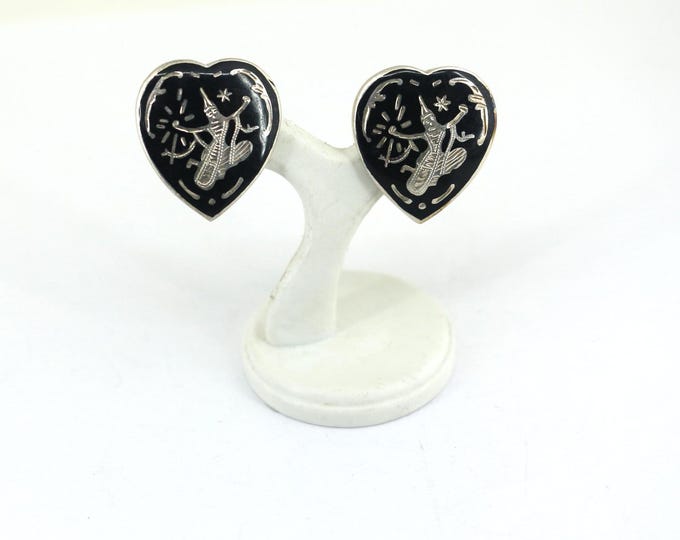 Vintage Heart Shaped Siam Niello Dancer Hexagon Clip On Earrings 925 Sterling Silver ER 1351