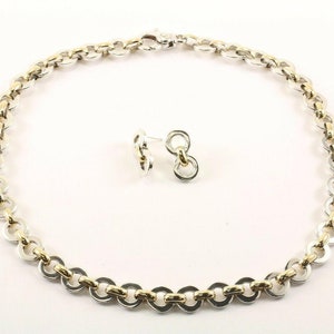 Vintage Two Tone Round Link Set Of Earrings And Necklace Sterling 925 Silver Nc 1083