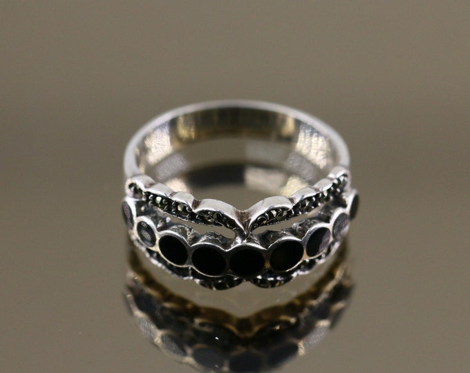 Vintage Size 10.5 Black Onyx Shiny Marcasite Stones Beads Beaded Bubbles ND Signed Design Ring 925 Sterling Silver Rg 4427