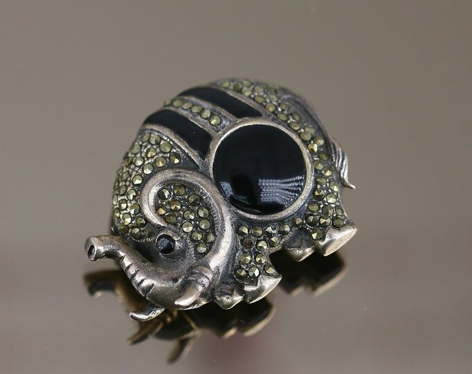 Vintage  Elephant Animal  Marcasite Onyx Stone  Brooch Sterling 925 BB 1546