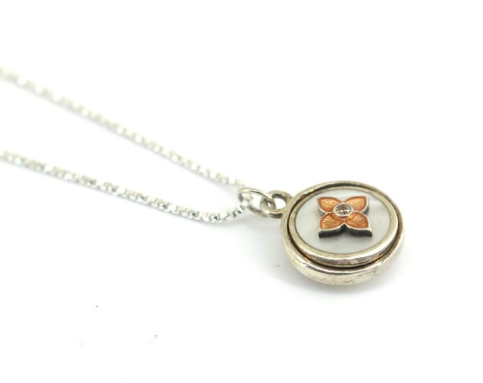 Vintage Italy Orange Handmade Cross Inlaid Mother Of Pearl & CZ Pendant Thin Box Chain Design Necklace 925 Sterling Silver NC 1714