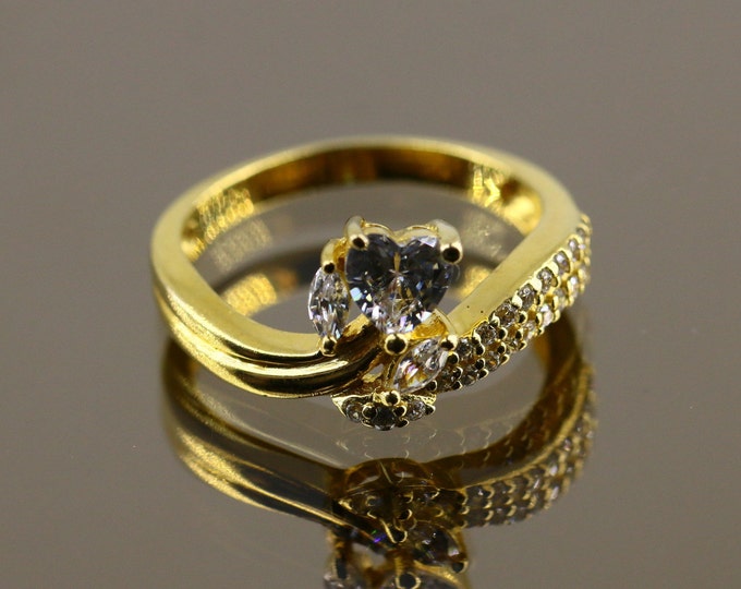 Size 6.75 Shiny Heart Shape Pave Scroll White Crystals CZ 14 K Gold Plated Love Design Ring 925 Sterling Silver RG 2766K
