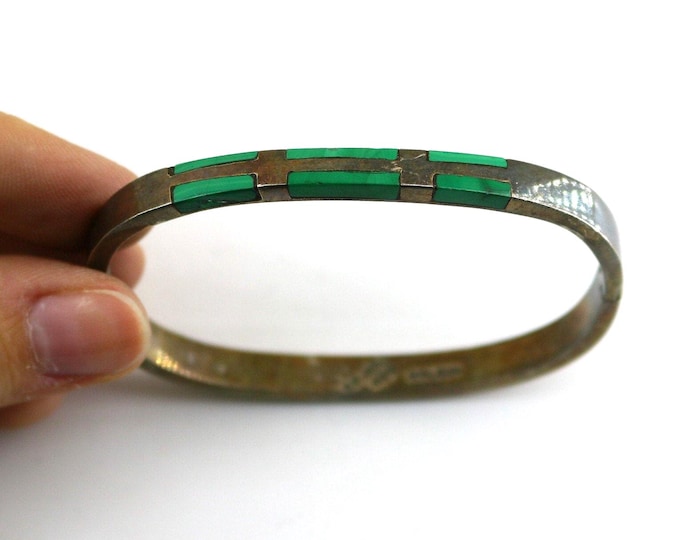 Vintage  Simple Oval Green Malachite Stones Design Bracelet 925 Sterling Silver BR 032