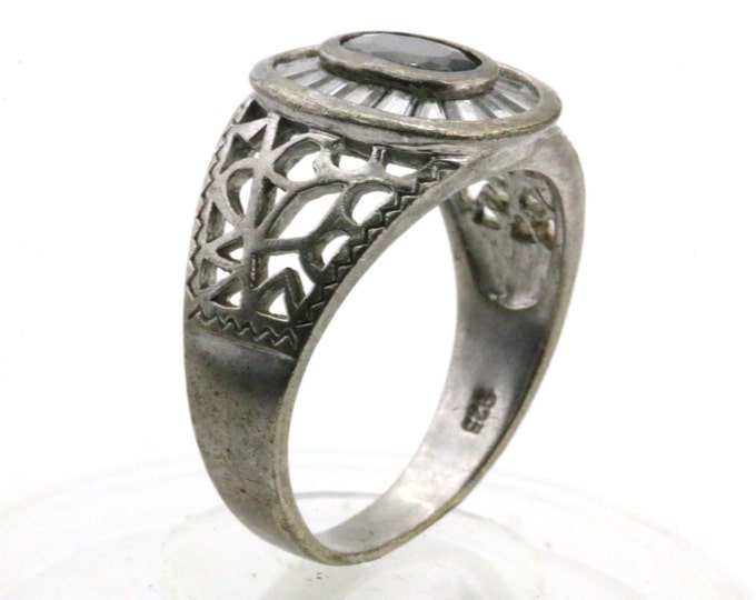 Vintage Size 12 Black Crystal CZ Design Statement Ring 925 Sterling Silver  RG 262