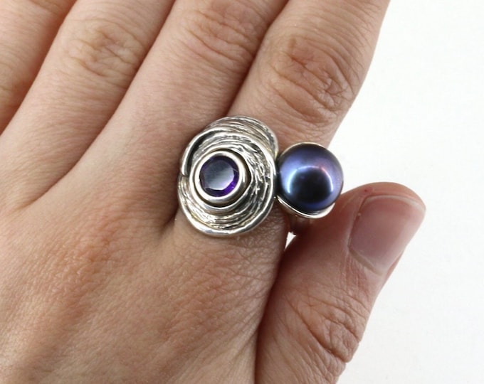 Vintage Size 7 Hagit Gorali Israel Black Pearl & Amethyst Ring 925 Sterling RG 4462