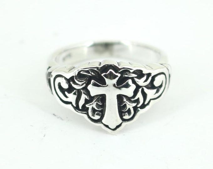 Vintage Detailed Christian Cross Scroll Design Signet Ring Sterling 925 Silver  RG 4570