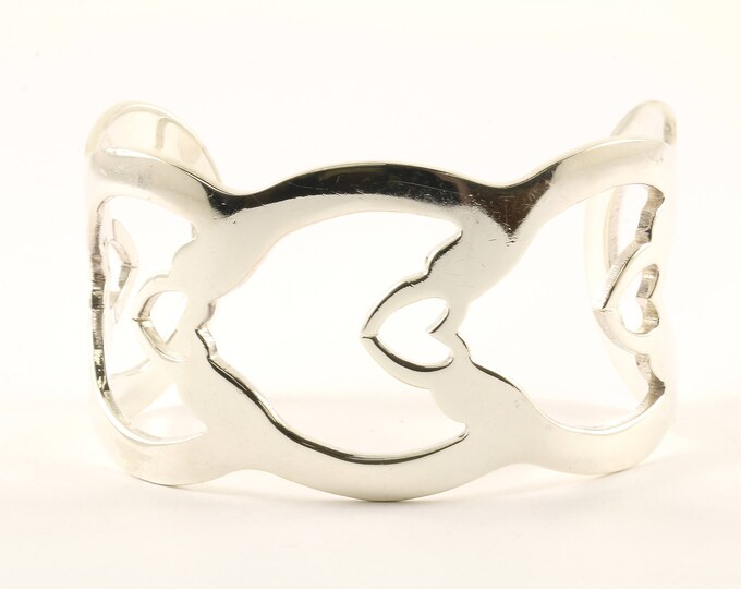 Vintage Large Wide Open Heart Cut Out Design Cuff Bracelet 925 Sterling Silver BR 322