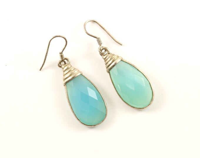 Vintage Aqua Blue Chalcedony Dangle Earrings Sterling Silver ER 576