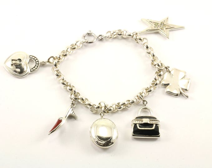 Vintage Six Charms Lady's Stylish Fancy Design Charm Bracelet Sterling Silver BR 200