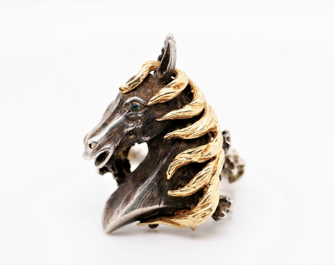 Vintage Handmade Horse Design 10k Gold & Sterling 925 Silver Men's  Ring  RG 174Q