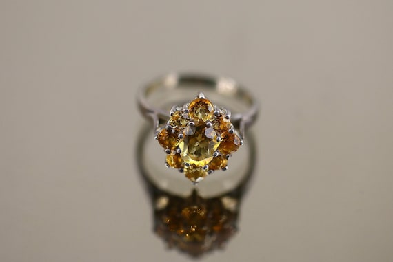 Yellow Topaz Flower Ring, Sterling Silver Cocktail Ring