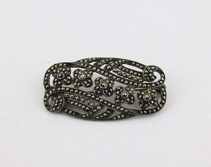 Vintage Floral Leaves Marcasite Stones Design Brooch Sterling Silver 925 BB 1807K