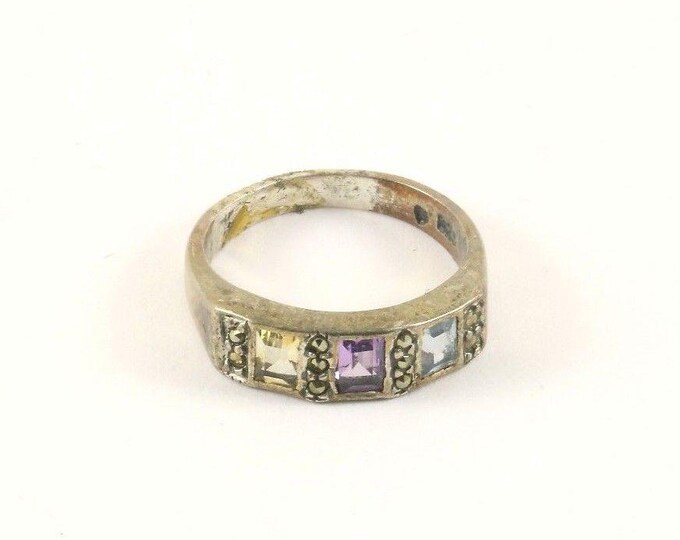 Vintage Silver Colorful Crystals Band Design Ring 925 Sterling RG 3749