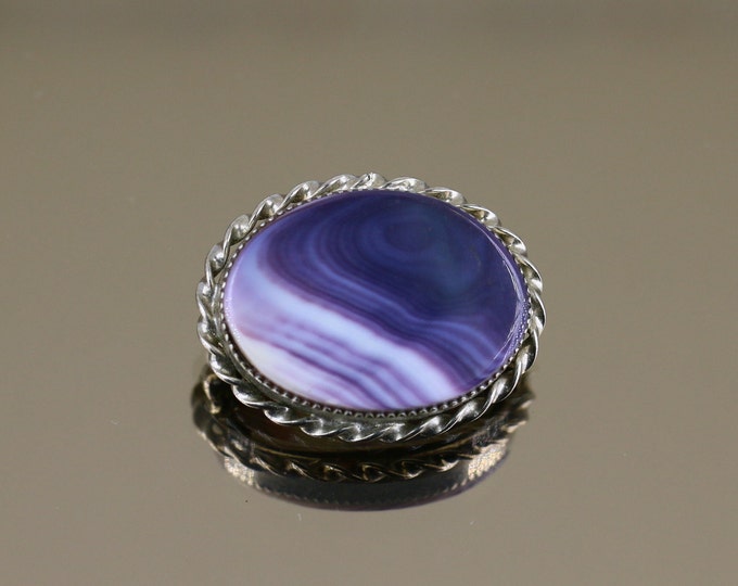 Vintage Tumbled Lace Agate Purple Chalcedony Stone Design Brooch Sterling 925 BB 1727