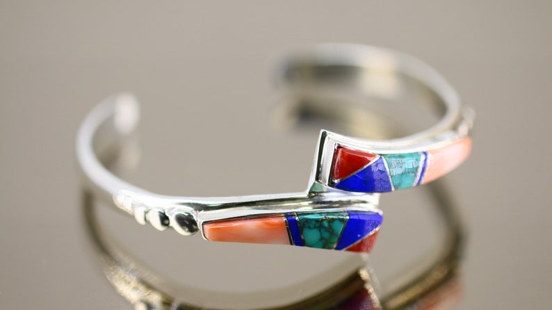 Vintage Beautiful Mosaic Multi Stone Multi Color Design Cuff Bracelet 925 Sterling BR 2834