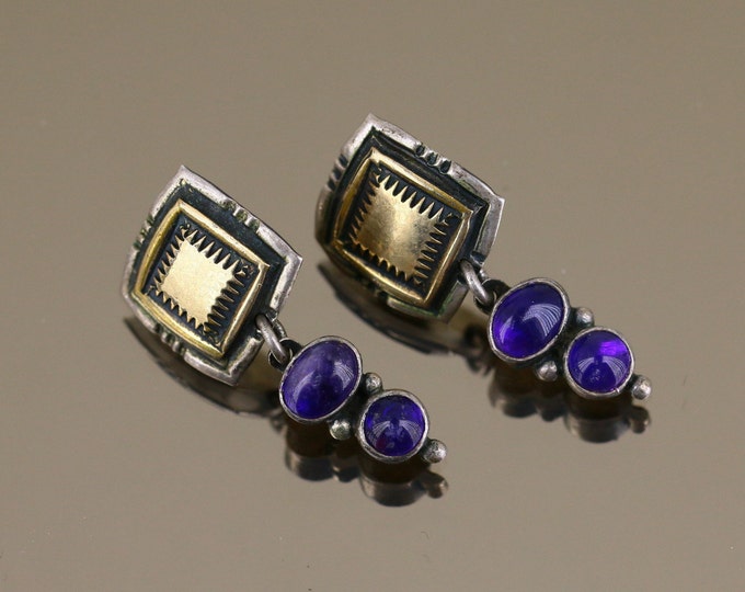 Vintage Navajo Yellow Gold Square Amethyst Stones Beads Flat Abstract Geometry Design Stud Earrings Sterling Silver 925 ER 1434J