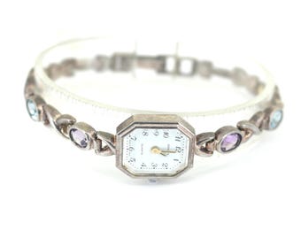 Vintage Elegant Geneve Quartz  XO Multi Color CZ  Watch Sterling OT 163