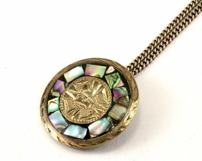 Vintage 22 Inch Abalone Shell Aztec Maya Circle Design Chain Necklace 925 Sterling Nc 1379(123765809600)
