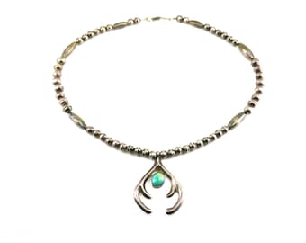 Vintage 17 Inch Navajo Beaded Squash Blossom Turquoise Bead Chain Design Necklace 925 Sterling Silver NC 2050