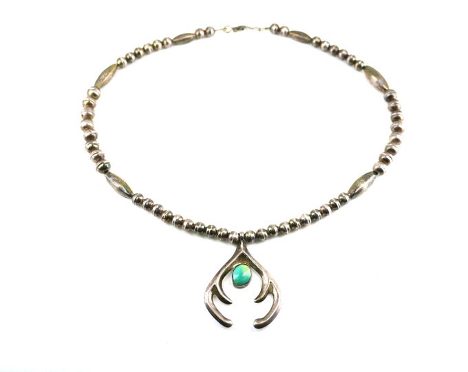 Vintage 17 Inch Navajo Beaded Squash Blossom Turquoise Bead Chain Design Necklace 925 Sterling Silver NC 2050