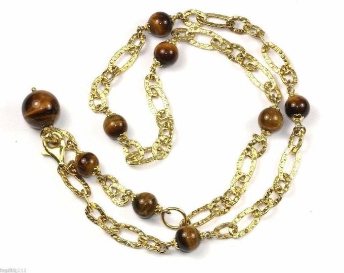 Vintage Tiger's Eye Beads Hammered Links Gold Plated Necklace 925 Sterling Nc 53(401744748260)