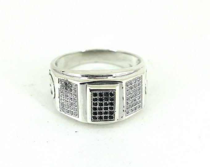 Vintage Size 10 Black Onyx & CZ Square Ring 925 Sterling Silver RG 298