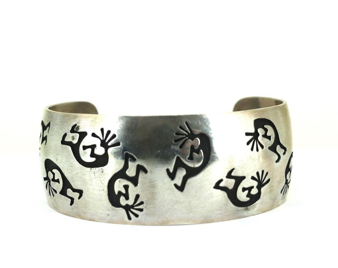 Vintage Navajo Kokopelli Playing Flute Wide Cuff Bracelet 925 Sterling Silver BR 2954