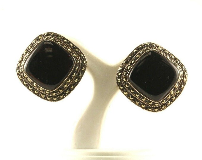 Vintage Geometric Rhombus Onyx Stud Earrings 925 Sterling Silver Er 211