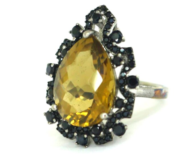 Vintage 925 Silver Yellow Citrine & Black Spinel Ring Size 7 RG 485