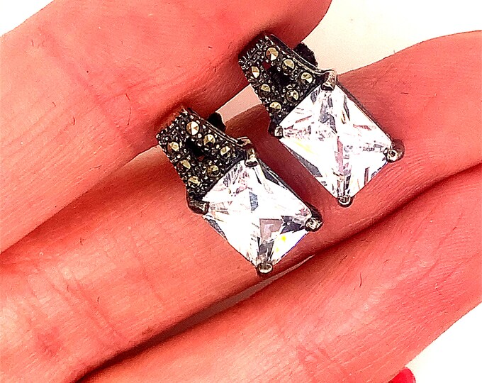 Vintage Earrings | White Chrystal Design Earrings | Marcasite Stone Design Earrings| Sterling 925 Silver Earrings | ER 958R