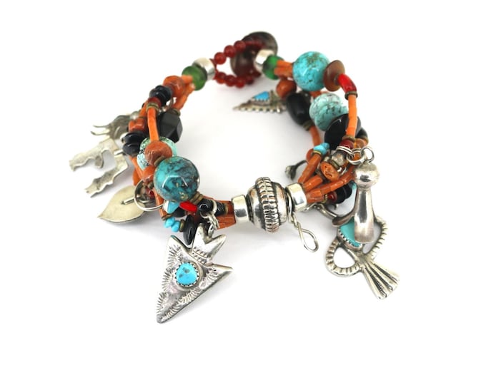 Vintage Native American Coral Turquoise Onyx Beaded  Bracelet 925 Silver BR 200