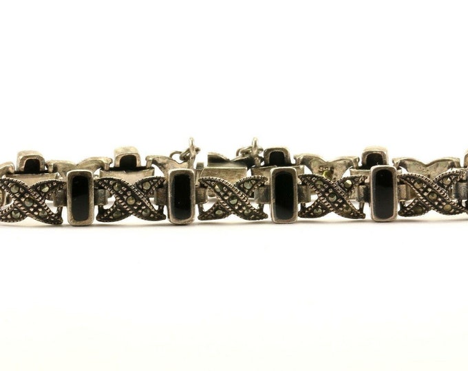 Vintage X Cross Black Onyx Design Marcasite Link Bracelet Sterling 925 Br 3172(123756542476)