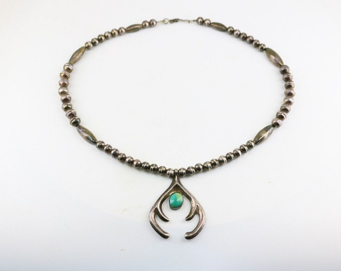 Vintage 17 Inch Navajo Beaded Squash Blossom Turquoise Bead Chain Design Necklace 925 Sterling Silver NC 2050