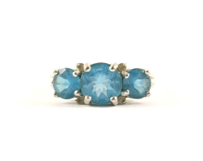 Vintage Three Stone Aqua Blue Crystals Design Ring 925 Sterling Silver Rg 4183