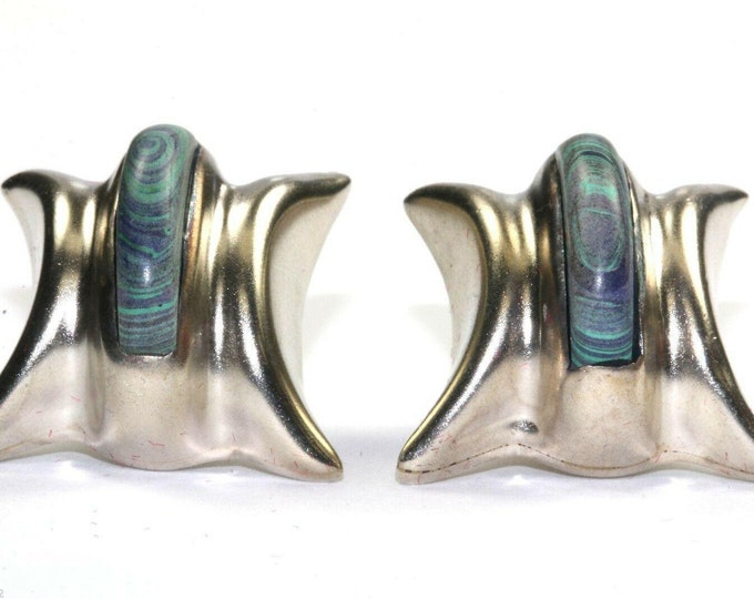 Vintage Modernist Azurite Stone Inlay Heavy Mexico Stud Earrings 925 Sterling Er 244