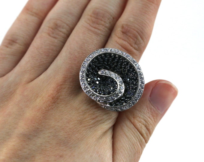 Vintage Size 9 Swirl Black White  CZ  Ring 925 Sterling Silver RG 3965