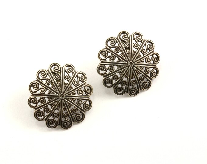 Vintage Scroll Design Flower Stud Earrings 925 Sterling ER 187-E
