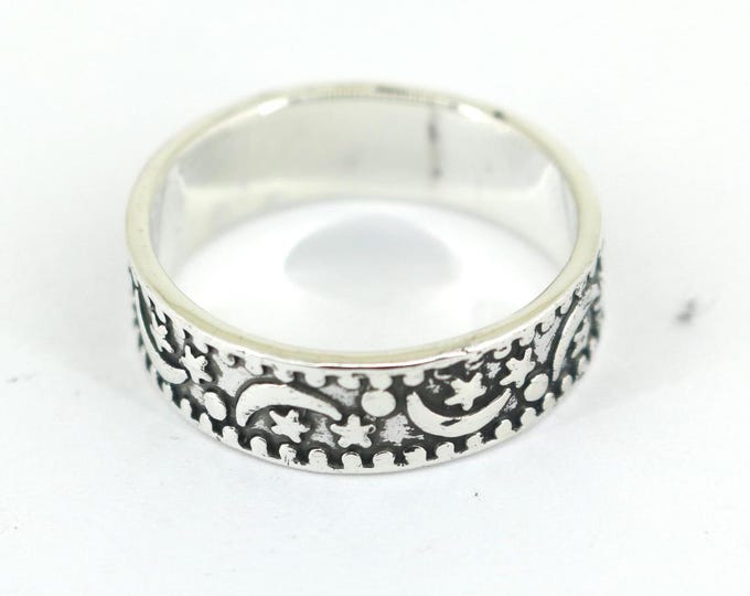 Vintage Beautiful Starry Sky Star Moon Design Band Ring 925 Sterling Silver Size 11.75 RG 4641