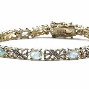 Vintage Oval Blue Crystals Swirl Ornate Tennis Bracelet 925 Sterling Br 1183(123584777879)