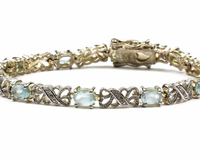 Vintage Oval Blue Crystals Swirl Ornate Tennis Bracelet 925 Sterling Br 1183(123584777879)