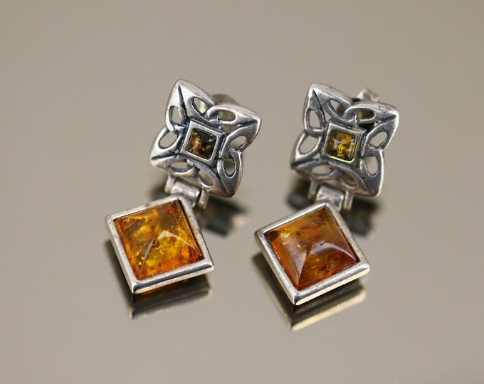 Vintage Beautiful Celtic Knot Rhombus Natural Amber Design Stud Earrings Sterling Silver 925 ER 1537