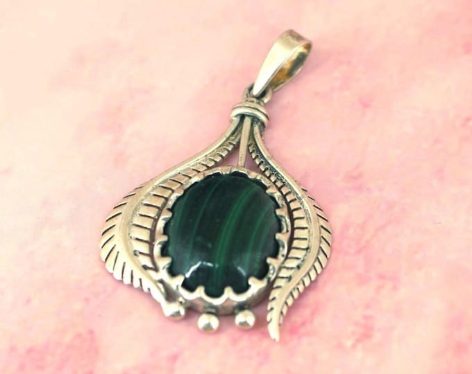 Vintage Floral Oval Malachite Stone Pendant 925 Sterling Silver PD 1278