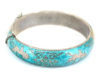 Vintage Thailand Siam Turquoise Enamel Bangle Bracelet 925 Sterling BR 1194