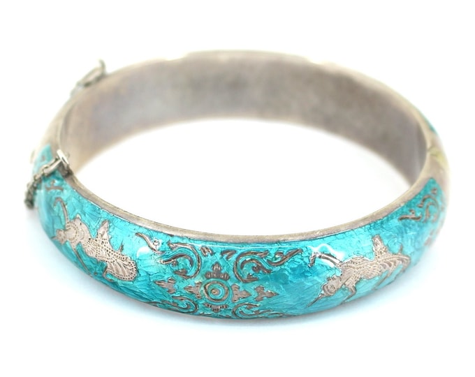 Vintage Thailand Siam Turquoise Enamel Bangle Bracelet 925 Sterling BR 1194
