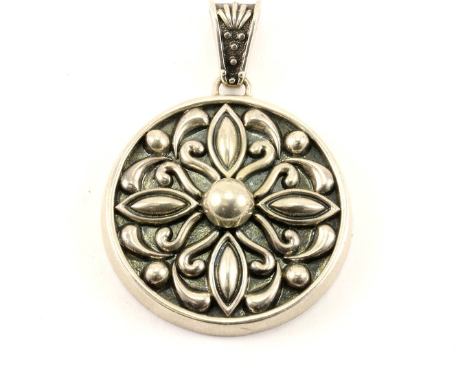 Vintage MWS Round Shape Floral Etched  Pendant 925 Sterling Silver PD 291