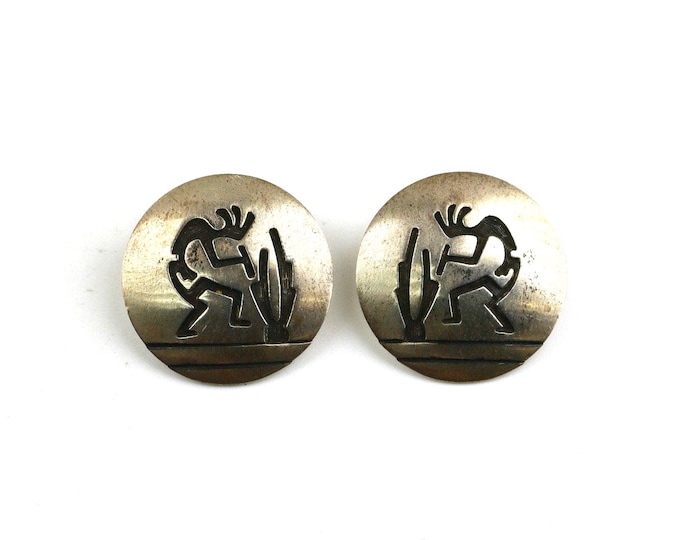 Vintage Navajo Begay Kokopelli Round Southwestern Design Stud Earrings Sterling Silver 925 ER 1825